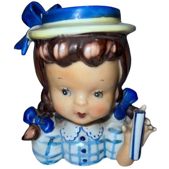 1950s Napco Head Vase Planter Girl with Pigtails & Blue Bows - Japan Vintage - Picture 1 of 7